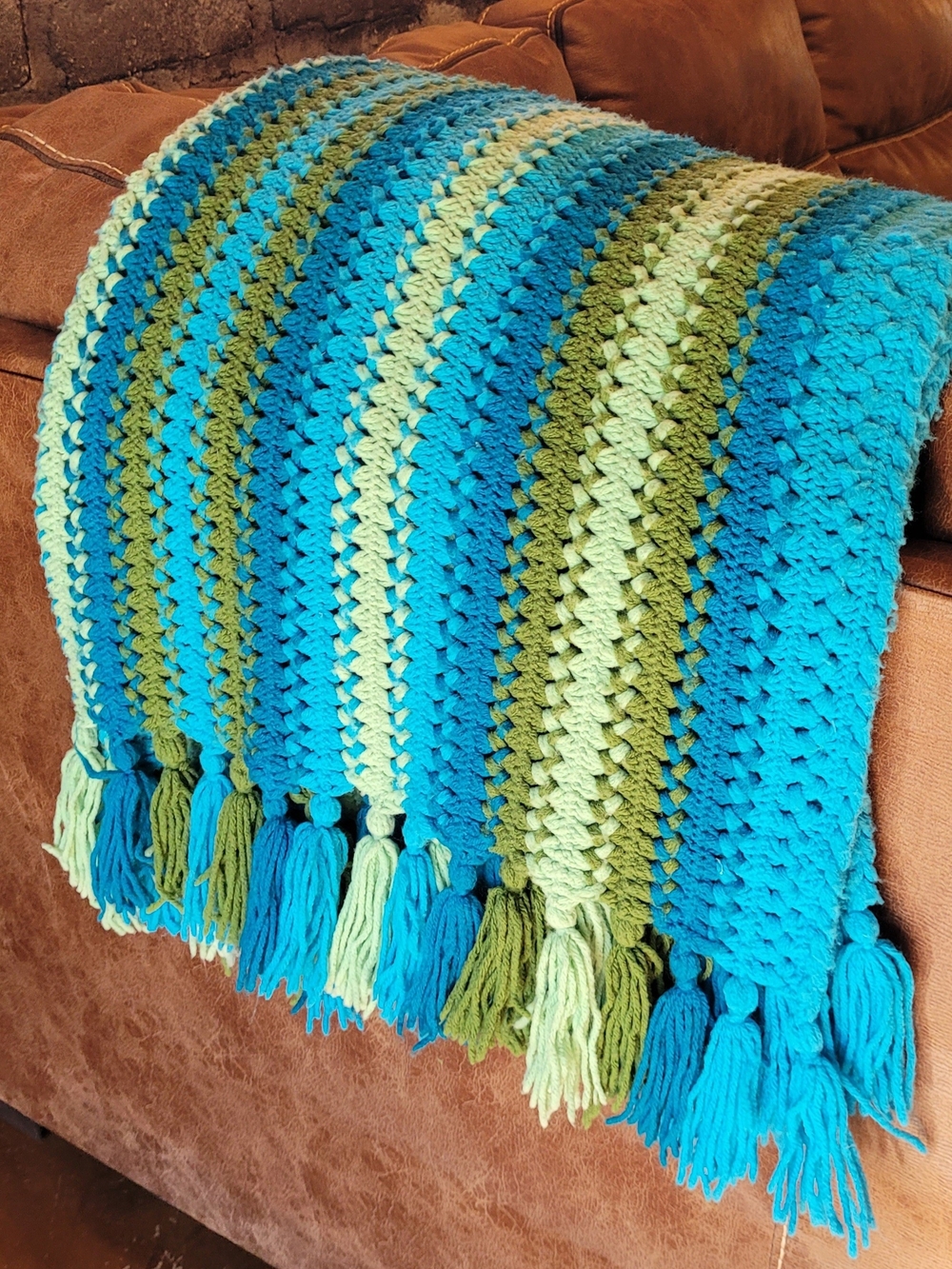 Vintage Handcrafted Turquoise & Green Striped Crochet Throw with Tassels
